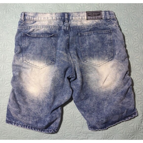 Lion Dynasty Mens 38 Slim Acid Wash Blue Jean Shorts 5 Pockets Moto Biker Ribbed - Picture 2 of 10